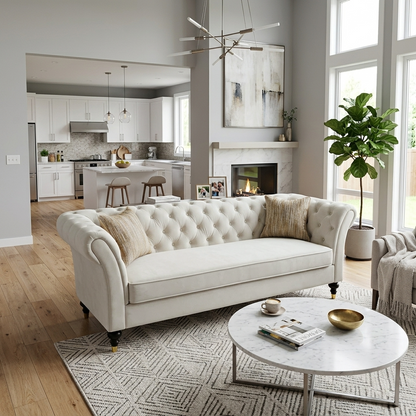 88.5-inch Chesterfield Sofa in cream tufted fabric with rolled arms on Tampa Home & Garden Store