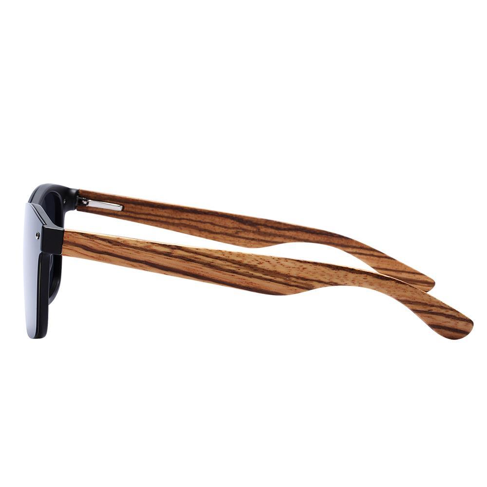 Wooden bamboo vintage sunglasses with black frame and striped temples UV400 protection on Tampa Home & Garden Store