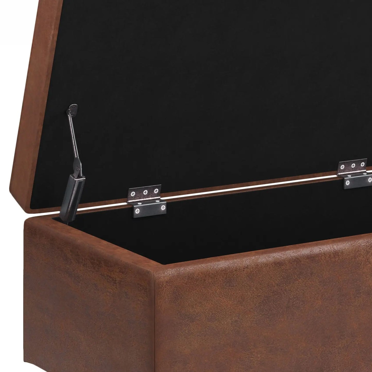 Shay large square storage ottoman brown leather exterior with black interior and metal hinges on Tampa Home & Garden Store