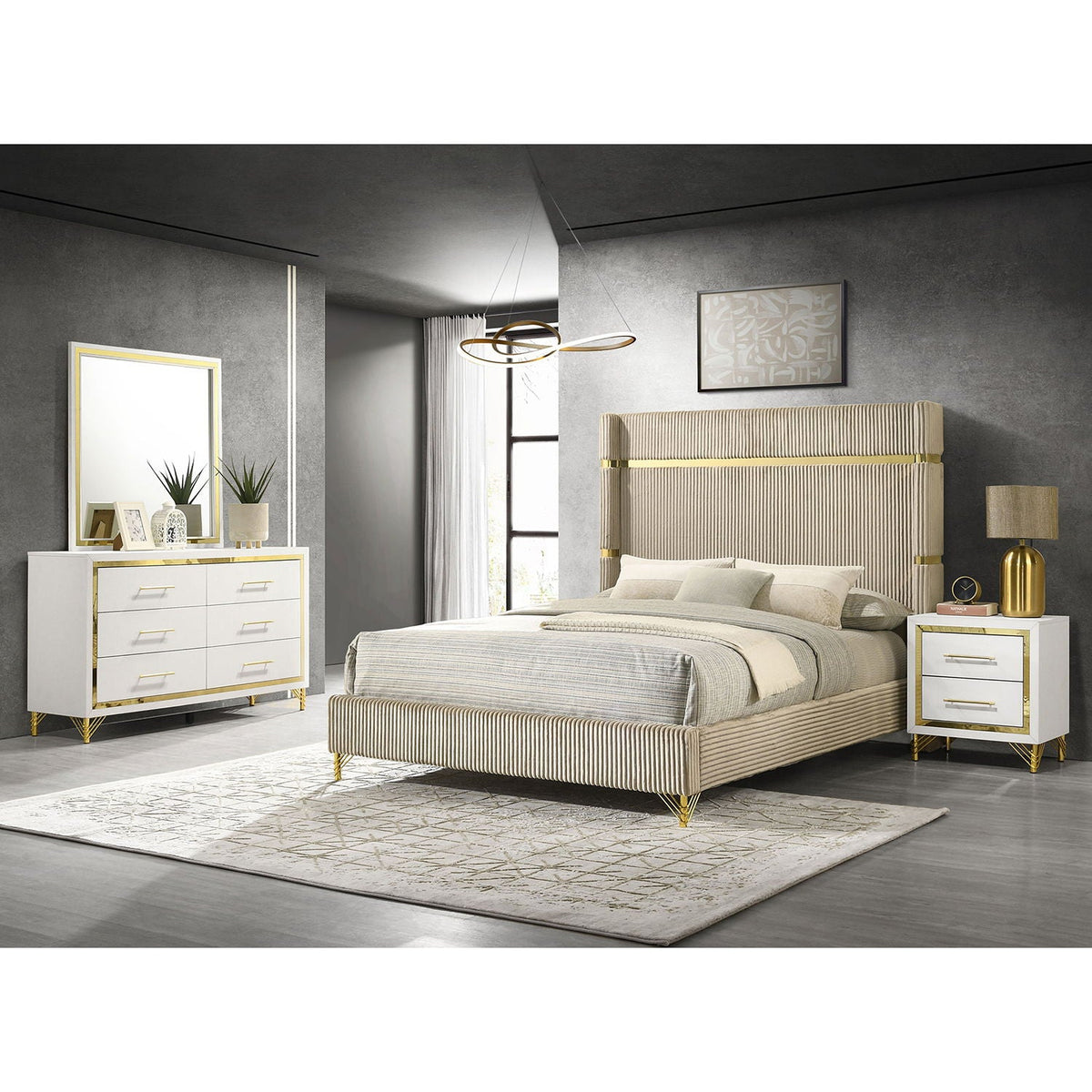 Malcolm 5pc wingback beige bed set with dresser, mirror, and two nightstands on Tampa Home & Garden Store