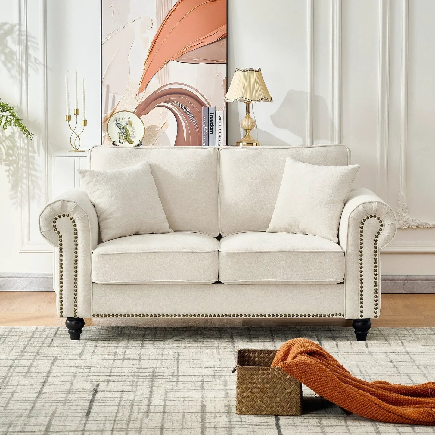 2 Seater Sofa With Rolled Arms in cream upholstery with nailhead trim on Tampa Home & Garden Store
