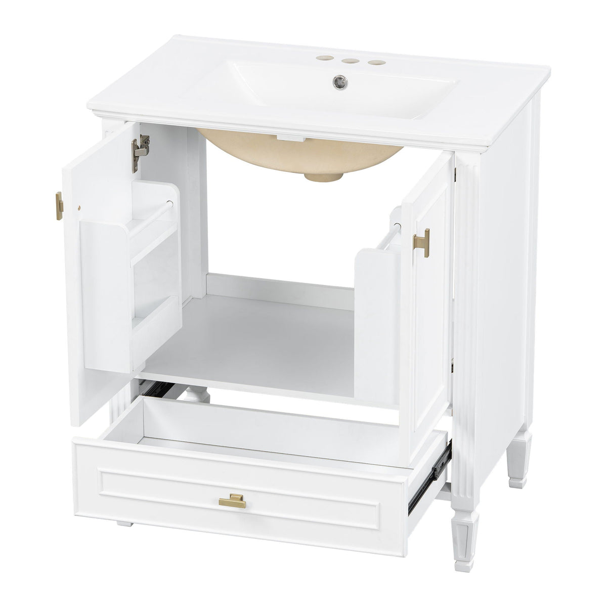 White freestanding vanity with drawer and soft-close doors, brass hardware by HouseOfZazla on Tampa Home & Garden Store