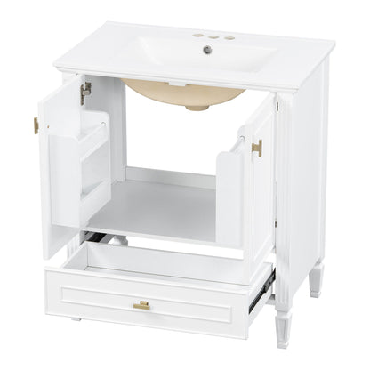 White freestanding vanity with drawer and soft-close doors, brass hardware by HouseOfZazla on Tampa Home & Garden Store