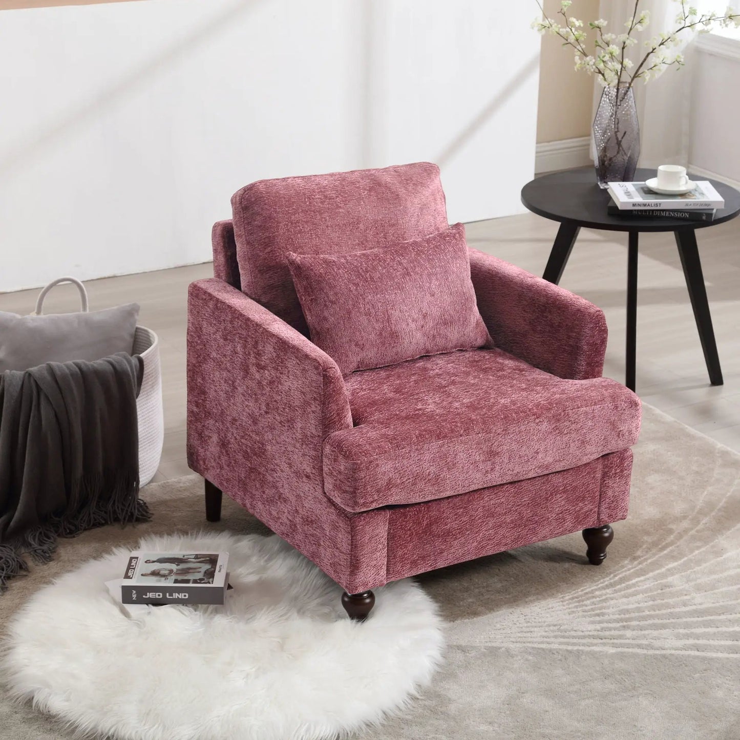 Modern mid-century wood-frame armchair with tufted dusty-rose upholstery on Tampa Home & Garden Store