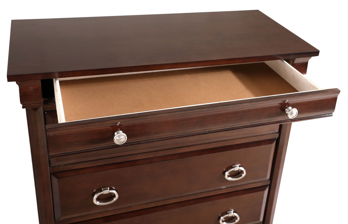 Cappuccino Accent Chest with Felt-Lined Drawers, dark wood, 36W x 17D x 53H on Tampa Home & Garden Store