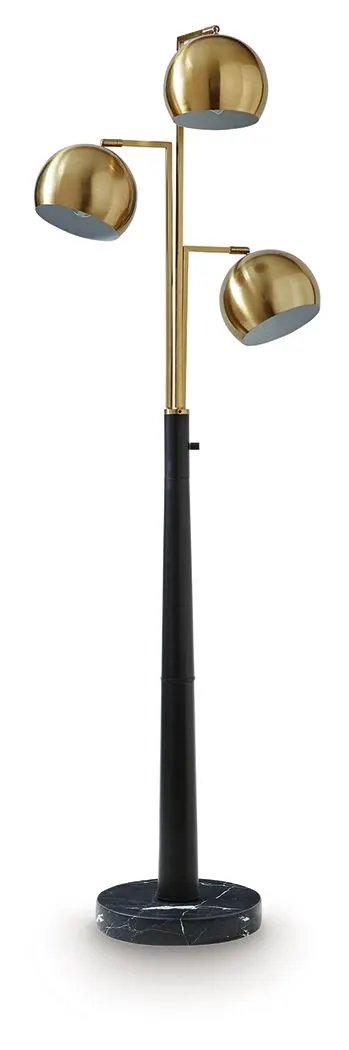 Sorcha metal floor lamp with gold-finish dome shades, black stem, and black marble base on Tampa Home & Garden Store