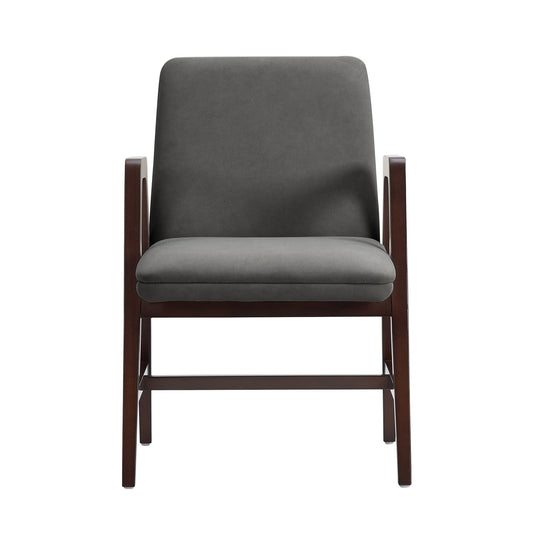 Stella Armchair with dark gray fabric upholstery and dark wooden arms on a wooden frame on Tampa Home & Garden Store