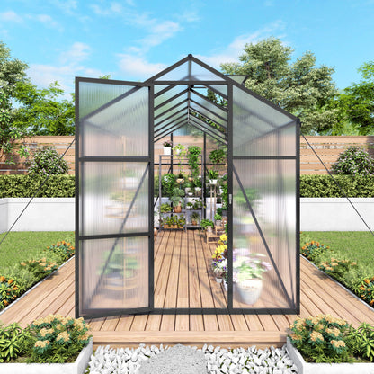 Windproof greenhouse with raised base, transparent polycarbonate panels, black frame on Tampa Home & Garden Store
