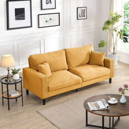 Modern Three Seater Sofa in mustard corduroy with two ottomans and black legs on Tampa Home & Garden Store