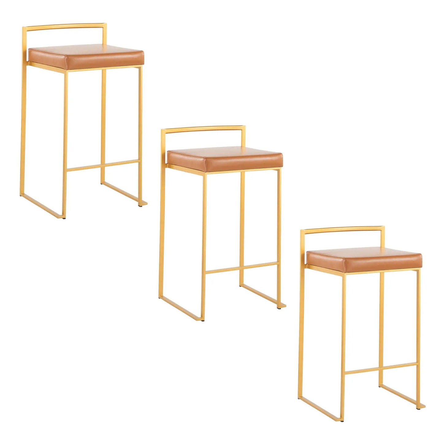 Fuji Contemporary Glam Counter Stool set of 2 with gold metal frame and brown leather cushions on Tampa Home & Garden Store