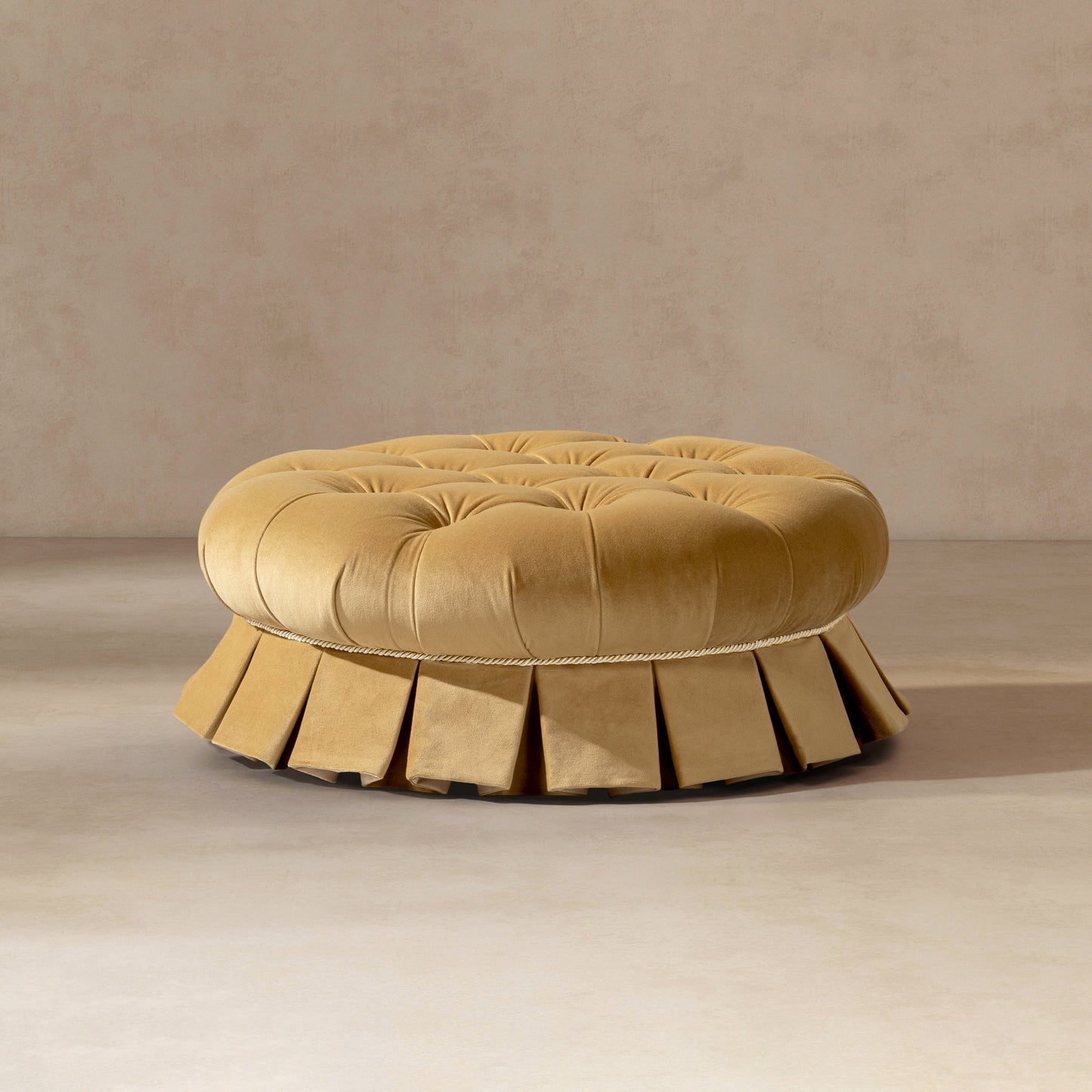 Roquefort 24.5-inch Round Tufted Velvet Pet Bed with Box-Pleated Skirt in tan by HouseOfZazla on Tampa Home & Garden Store