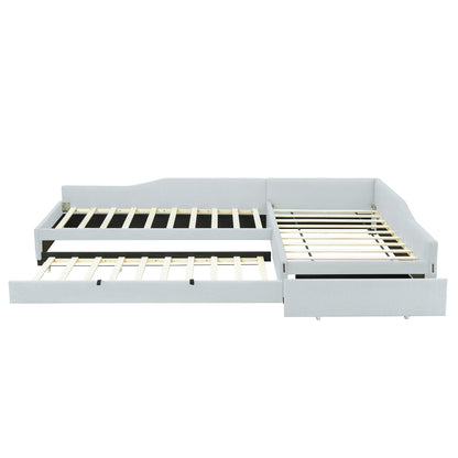 Upholstered double daybed with pull-out trundle and built-in drawer in light gray fabric on Tampa Home & Garden Store