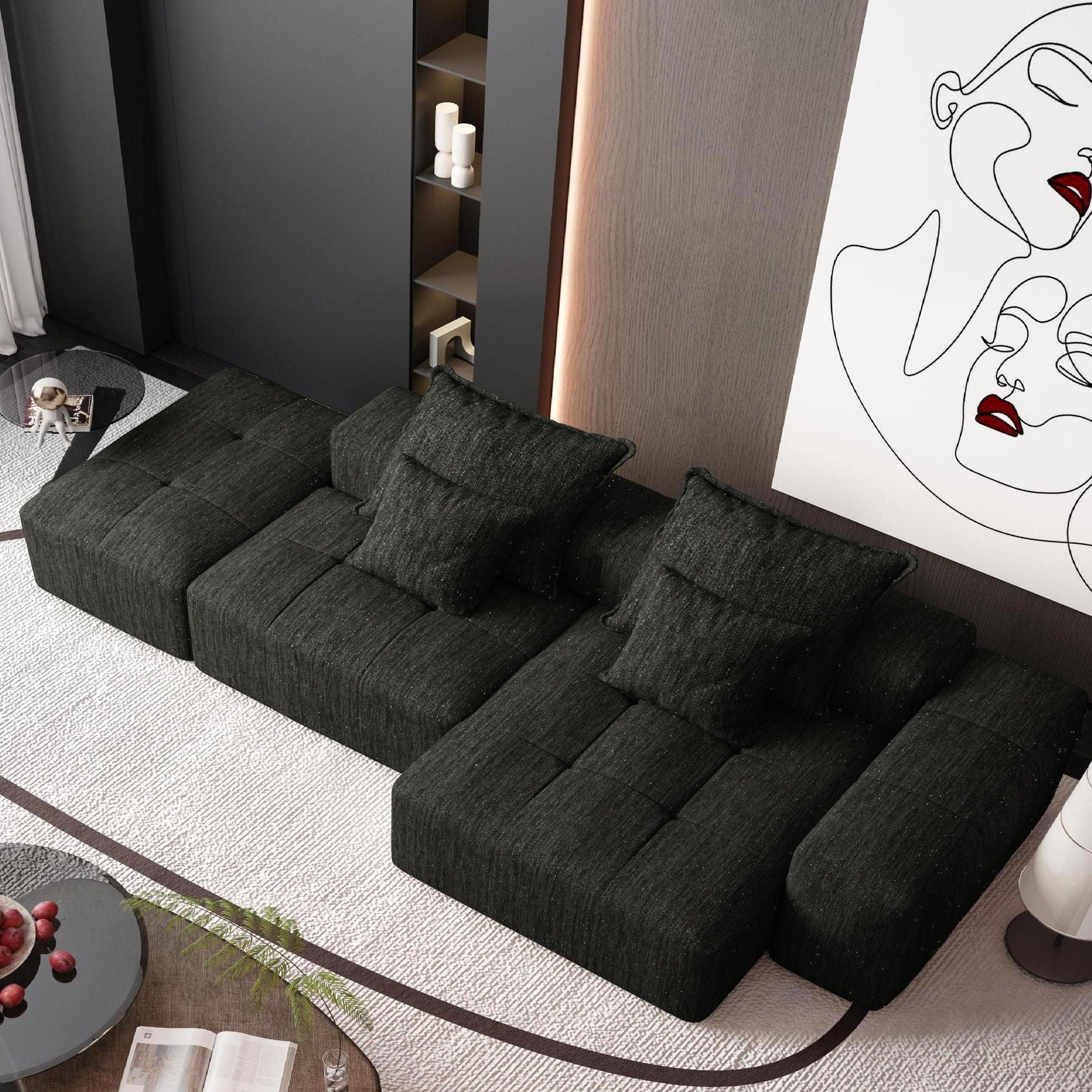 Modern oversized DIY modular sectional sofa with pillows in charcoal fabric by HouseOfZazla, on Tampa Home & Garden Store
