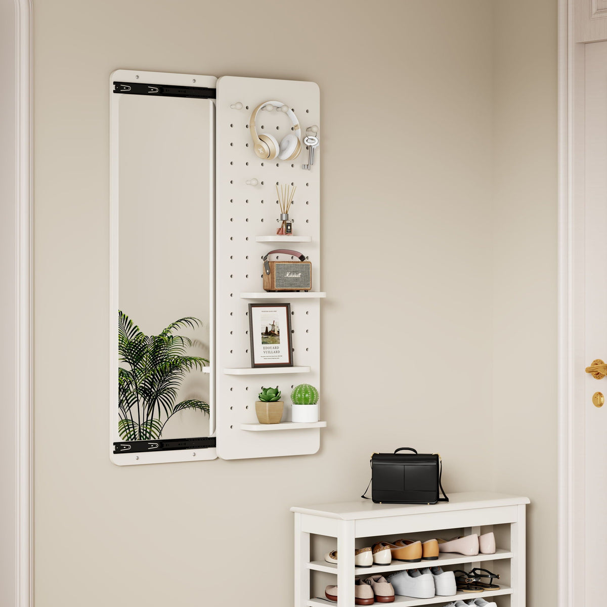 Full-length wall-mounted mirror with pegboard shelves and hooks in white by HouseOfZazla on Tampa Home & Garden Store