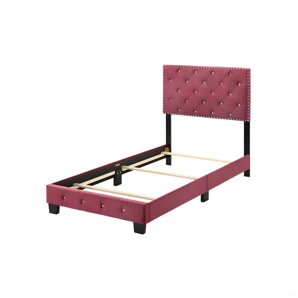 Luxurious Upholstered Bed magenta tufted headboard with nailhead trim and black legs on Tampa Home & Garden Store