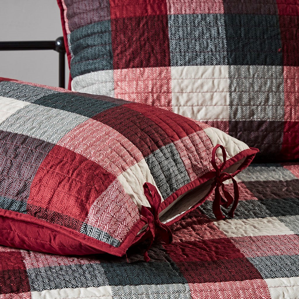 6-Piece Plaid Daybed Cover Set red cream gray by HouseOfZazla, quilted on Tampa Home & Garden Store