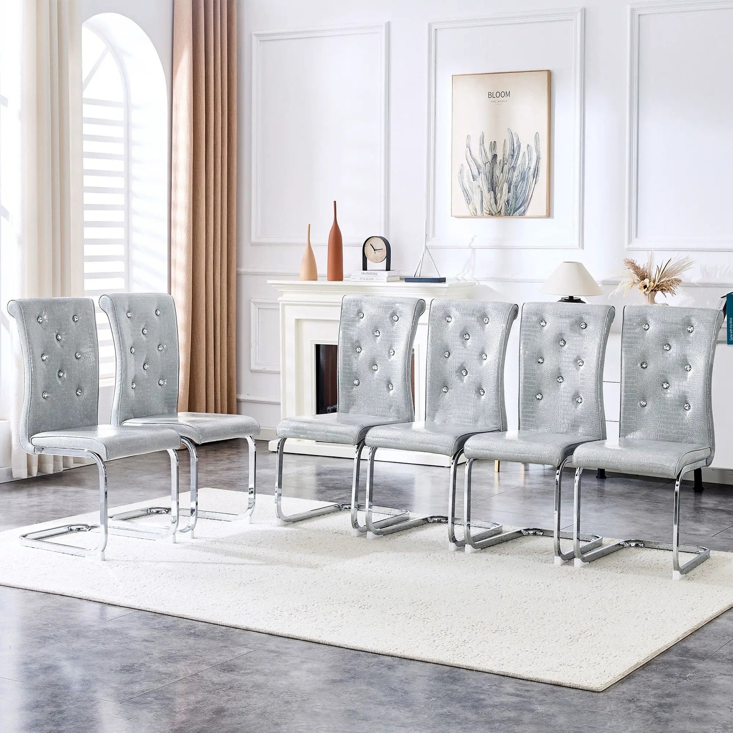 Elegant Design Upholstered Dining Chairs in gray with chrome cantilever bases on Tampa Home & Garden Store
