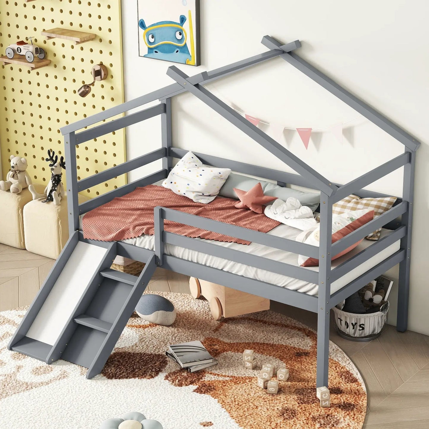 Low Loft House Bed With Slide and Guardrails