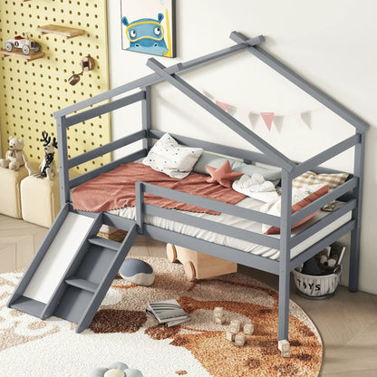 Low Loft House Bed With Slide and Guardrails