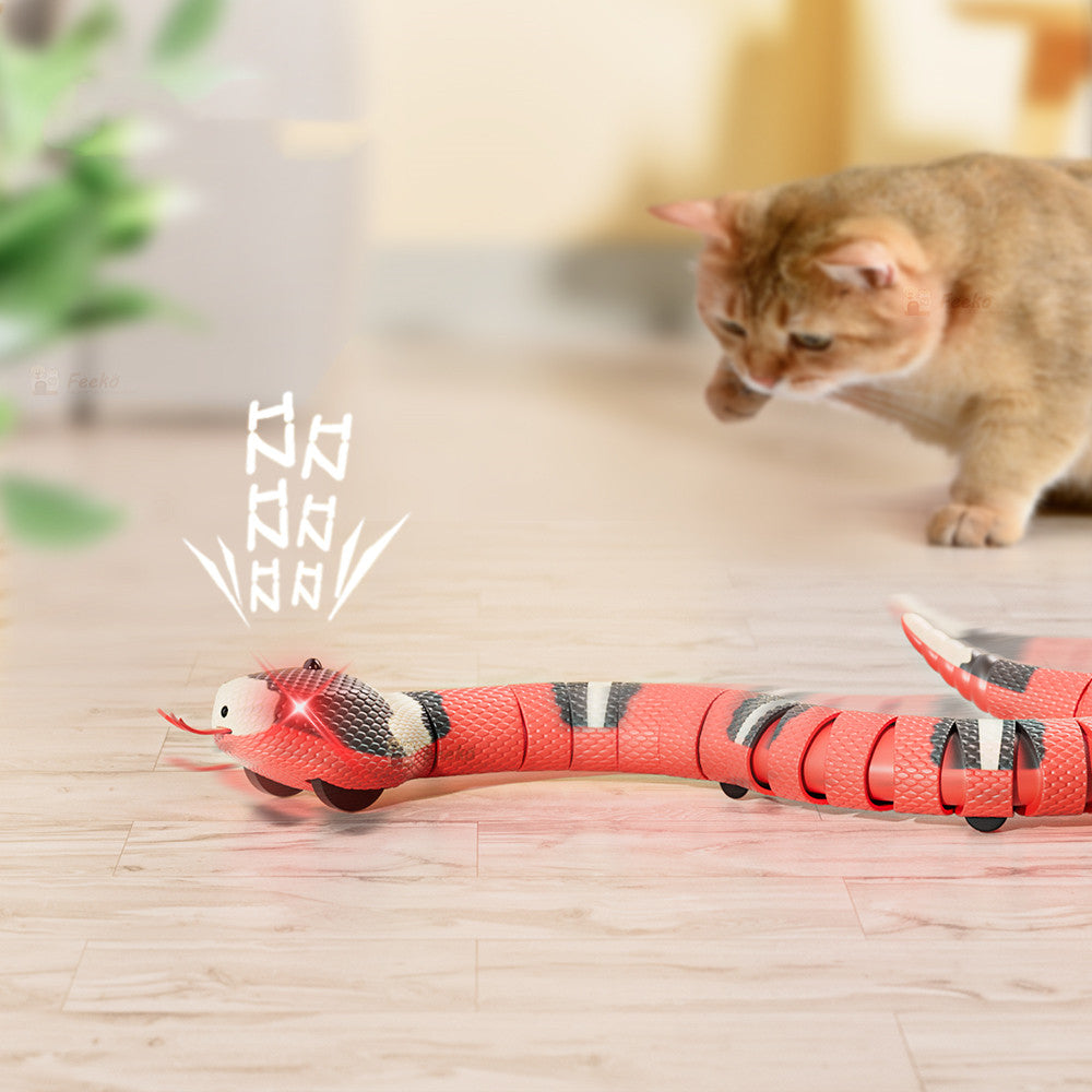 Tricky Interactive Electric Snake Toy, red segmented snake with white head, curious cat nearby on Tampa Home & Garden Store