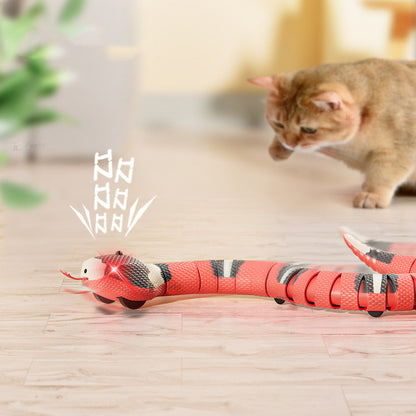 Tricky Interactive Electric Snake Toy, red segmented snake with white head, curious cat nearby on Tampa Home & Garden Store