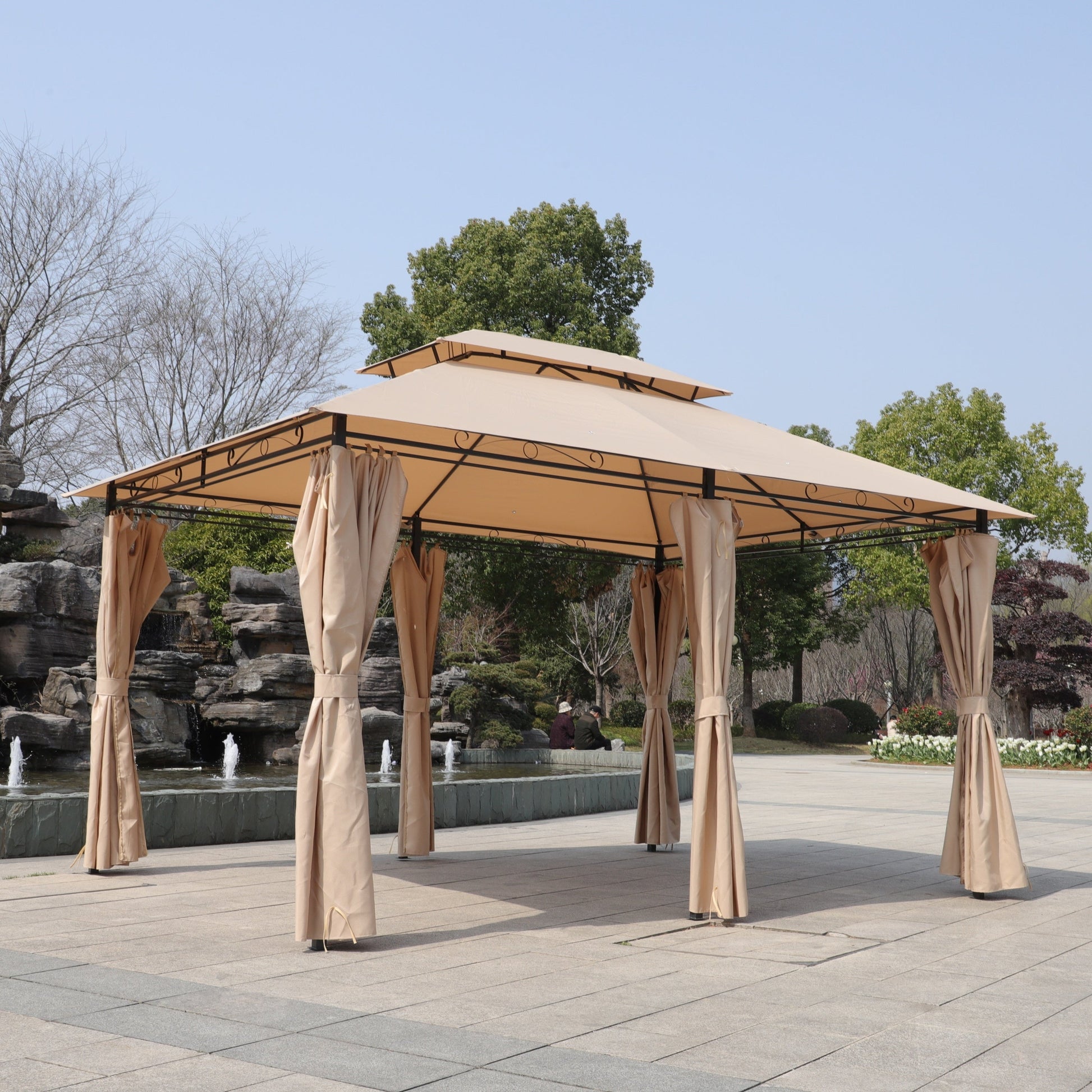 Khaki outdoor gazebo canopy with ventilated double roof and beige curtains on Tampa Home & Garden Store