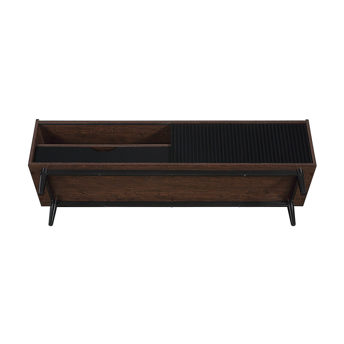 Fluted TV stand with sliding door in walnut finish and black ribbed panel by HouseOfZazla on Tampa Home & Garden Store