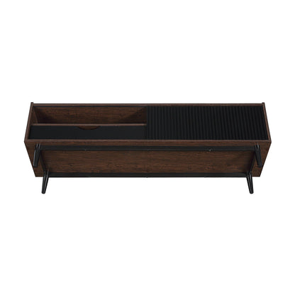 Fluted TV stand with sliding door in walnut finish and black ribbed panel by HouseOfZazla on Tampa Home & Garden Store