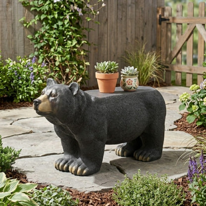 MGO Bear Bench concrete outdoor bear statue with two plant pots on its back garden scene on Tampa Home & Garden Store