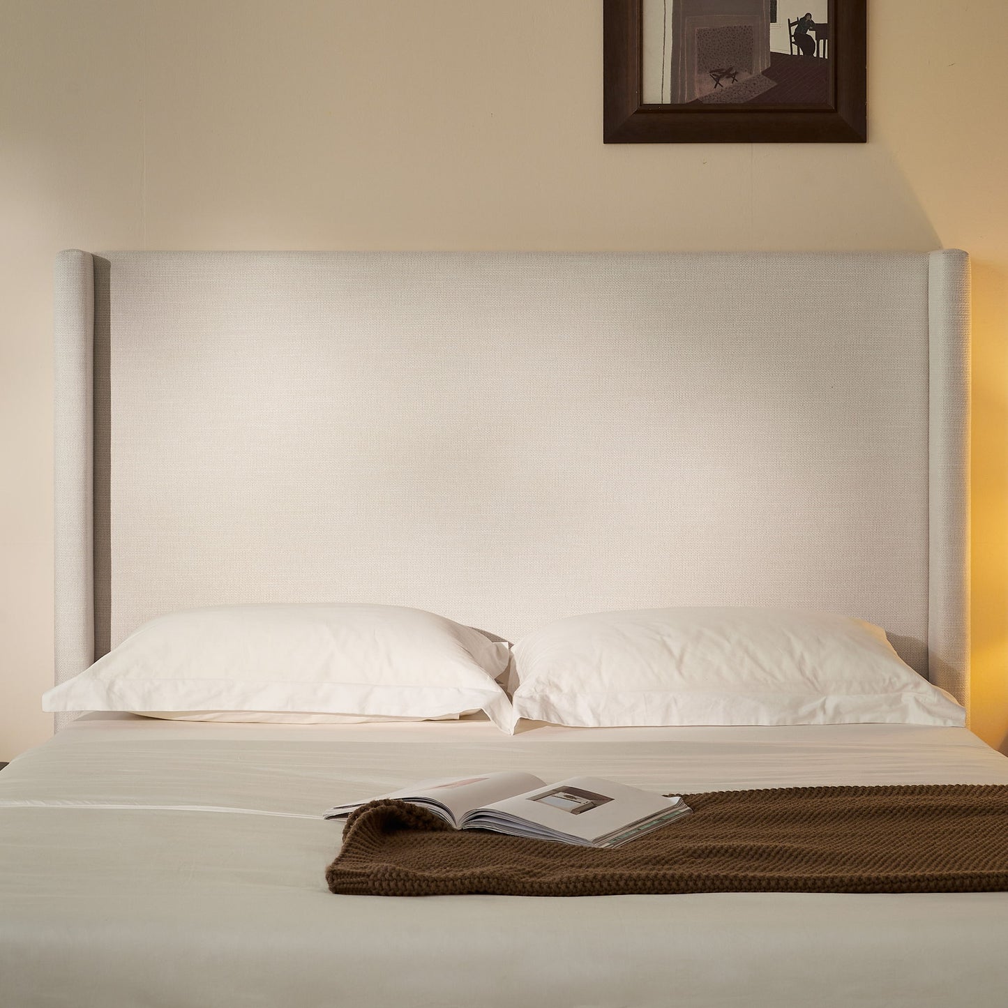 Hosford minimalist upholstered wingback bed in light beige fabric headboard on Tampa Home & Garden Store