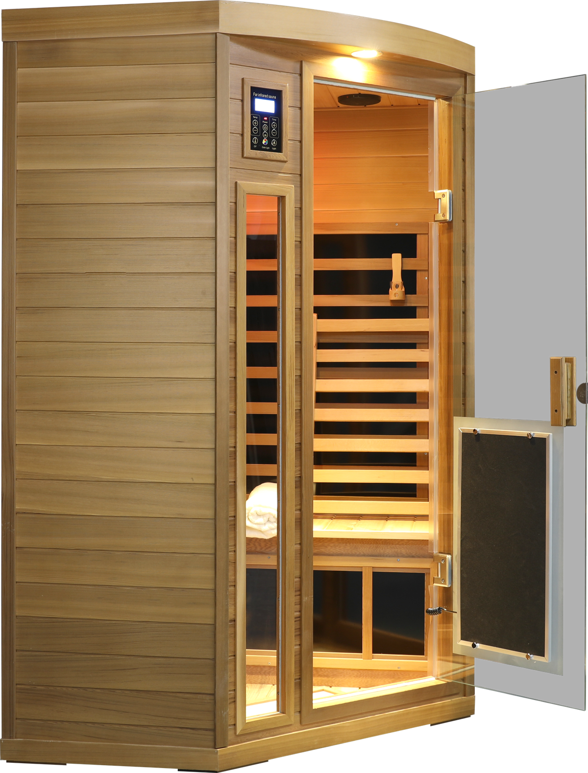 Two-person infrared cedar sauna with LCD touch control and glass door in natural red cedar on Tampa Home & Garden Store