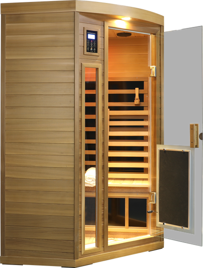 Two-person infrared cedar sauna with LCD touch control and glass door in natural red cedar on Tampa Home & Garden Store