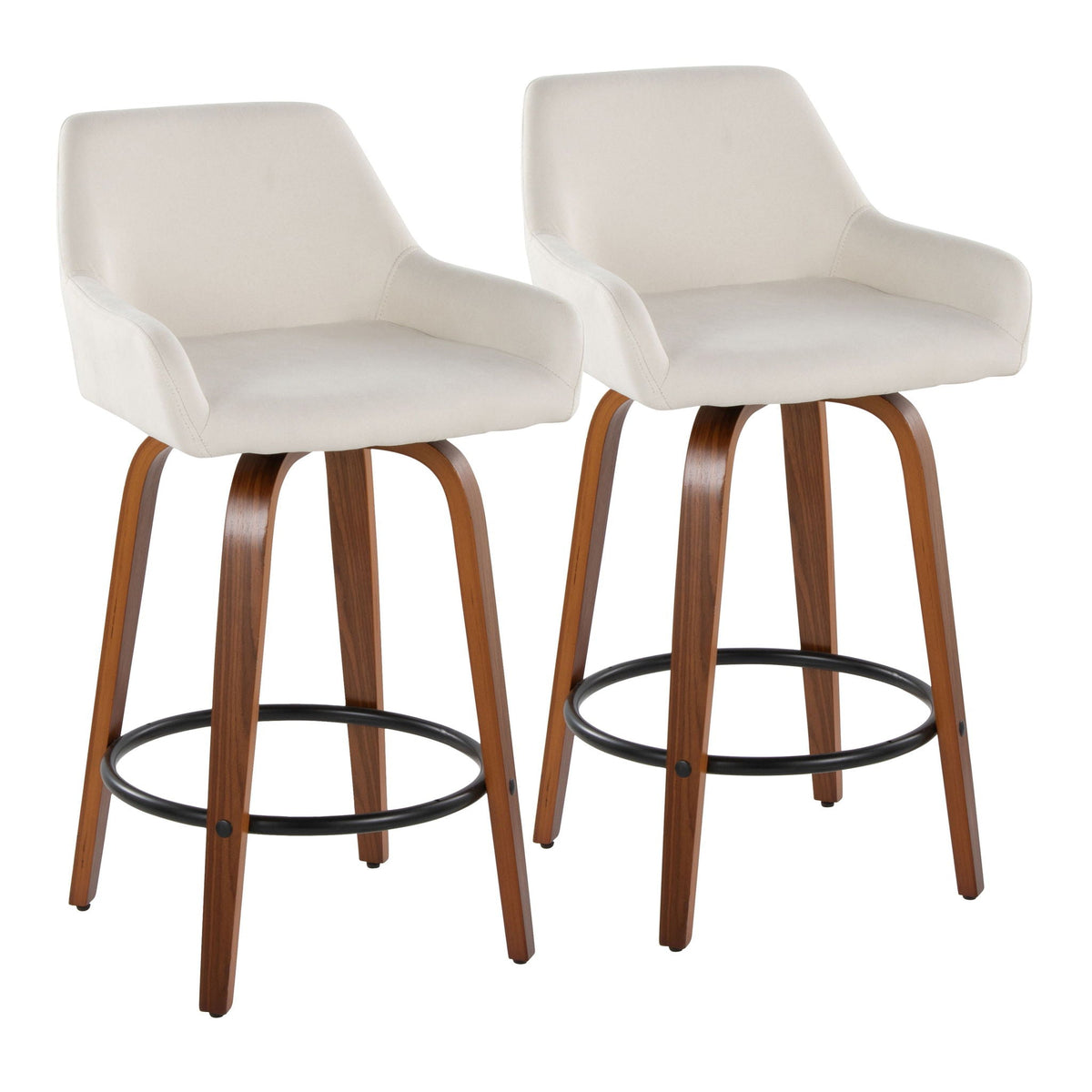 Contemporary fixed-height swivel counter stool set, white upholstery, wood legs, round footrests on Tampa Home & Garden Store