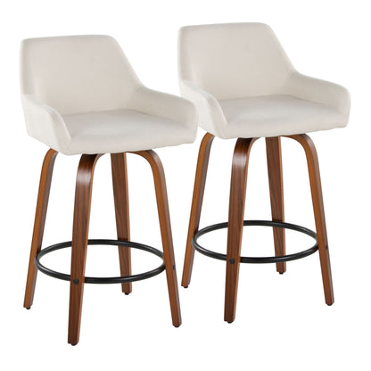 Contemporary fixed-height swivel counter stool set, white upholstery, wood legs, round footrests on Tampa Home & Garden Store