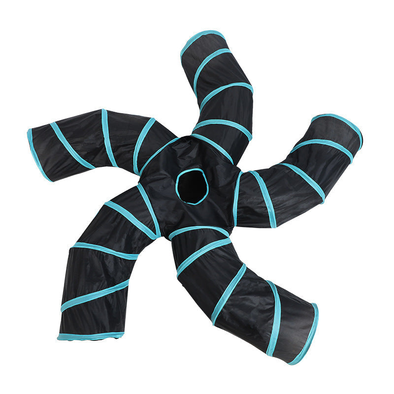Tree-pattern tunnel pet toy starburst-style multi-arm tunnel in black fabric with cyan trim for cats and dogs on Tampa Home & Garden Store