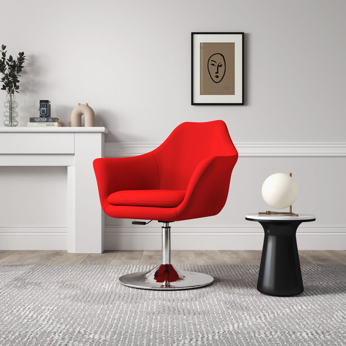 Red Kinsey swivel lounge chair with adjustable height chrome pedestal base HouseOfZazla on Tampa Home & Garden Store