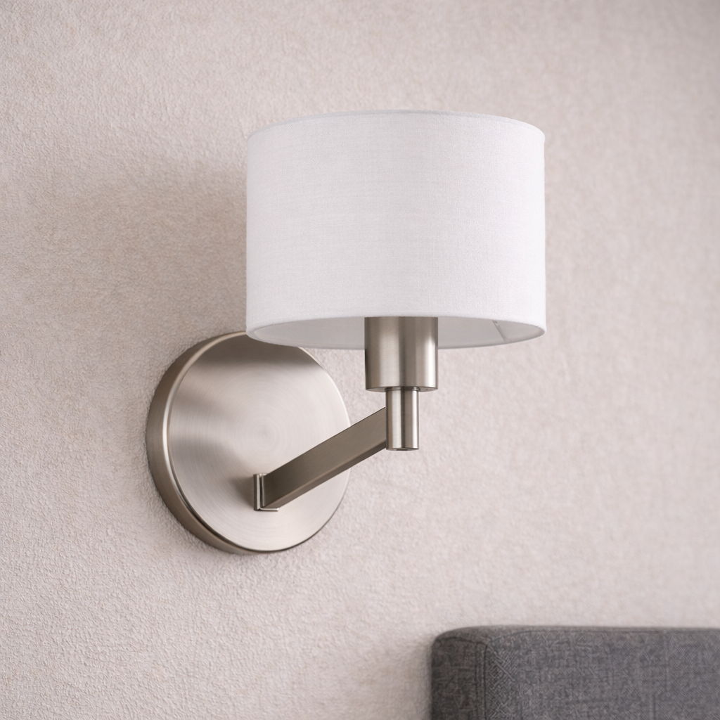 Nebula wall lamp with rotary switch, brushed nickel finish and white fabric shade wall sconce on Tampa Home & Garden Store