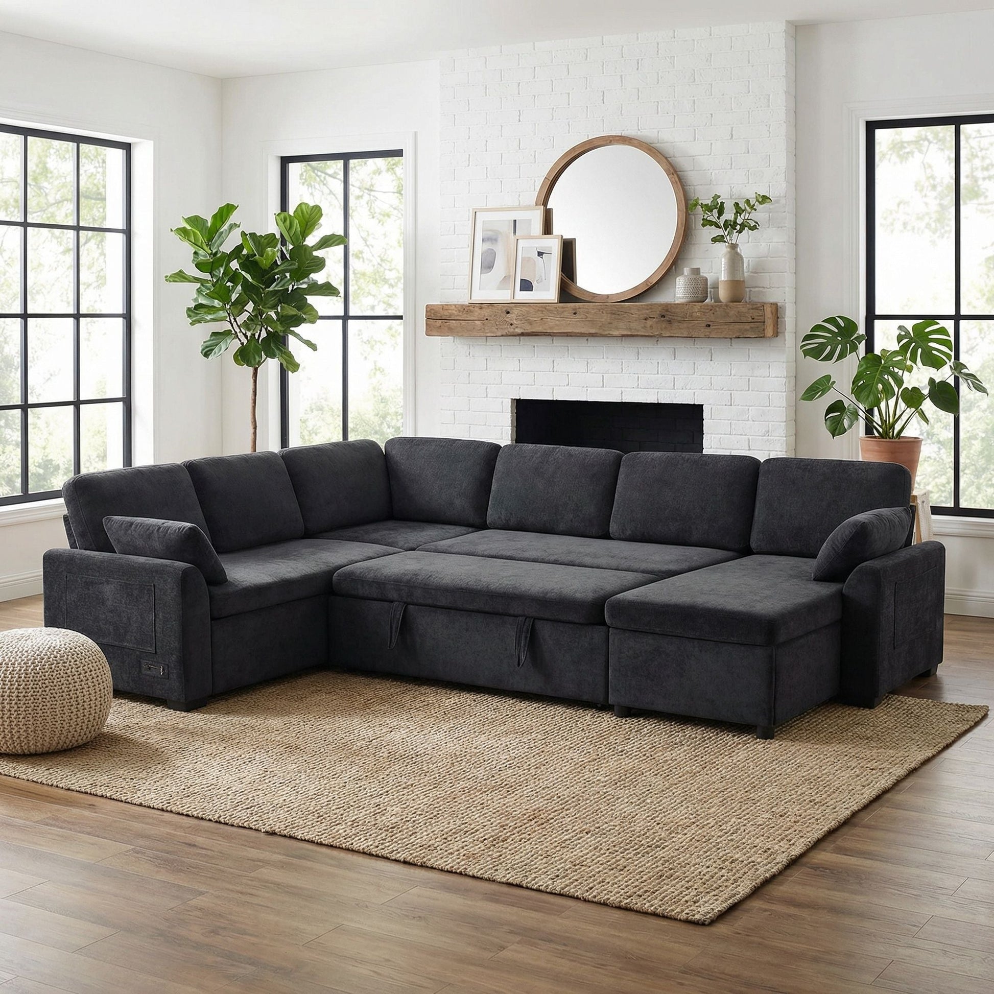 Convertible U-Shaped sectional sofa bed with reversible chaise by HouseOfZazla dark gray on Tampa Home & Garden Store