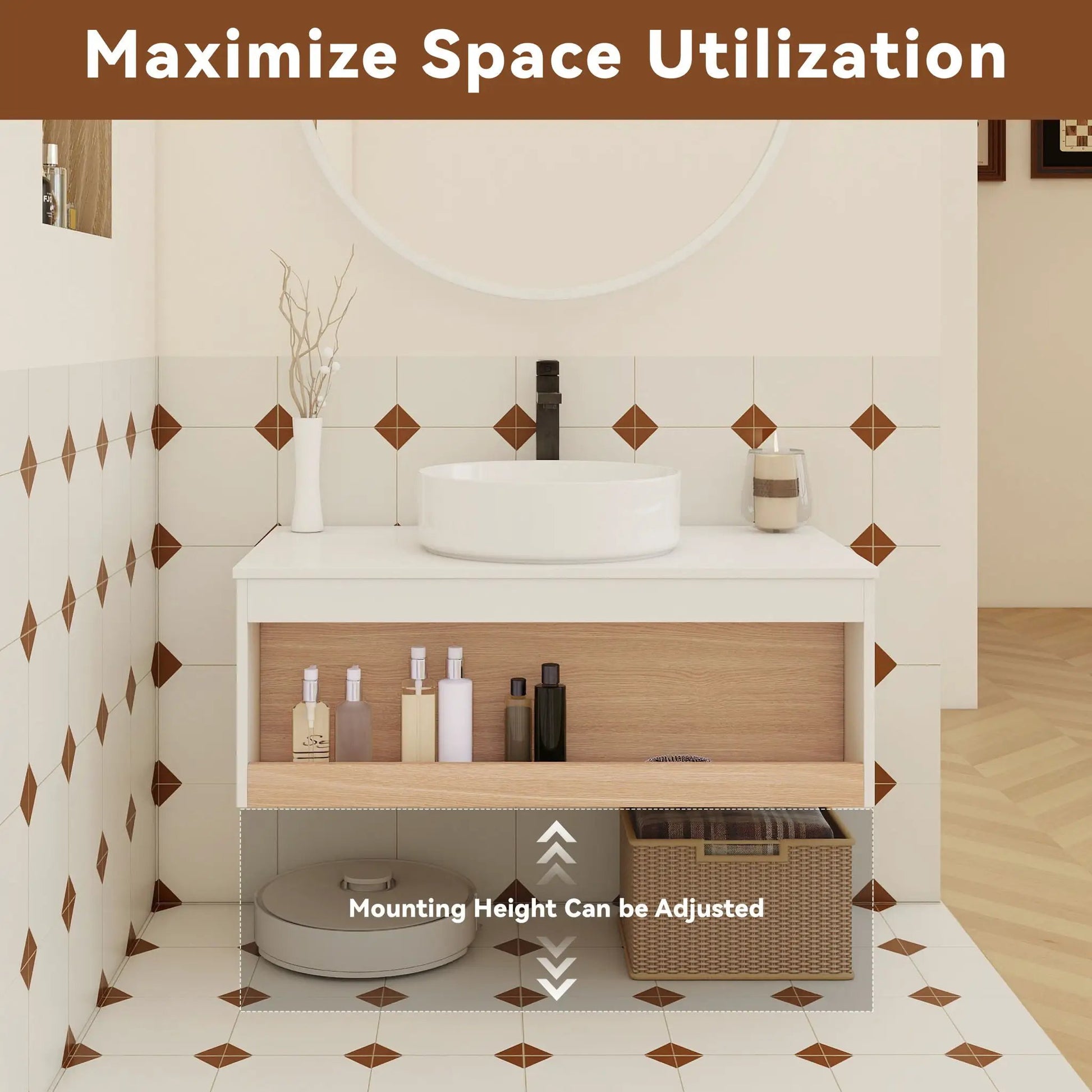 Floating vanity with glossy white round vessel sink, wood drawer by Unique Piece Furniture on Tampa Home & Garden Store
