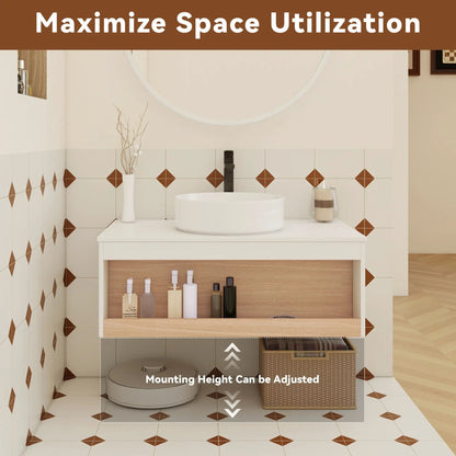 Floating vanity with glossy white round vessel sink, wood drawer by Unique Piece Furniture on Tampa Home & Garden Store