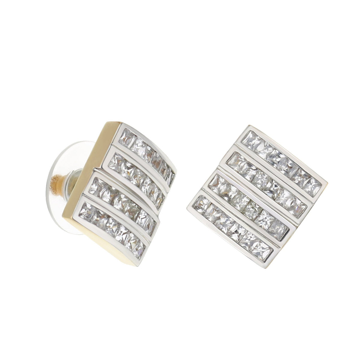 Pave Cz Design Earrings by Lauren G Adams, silver-tone CZ button studs with triple-row stones on Tampa Home & Garden Store