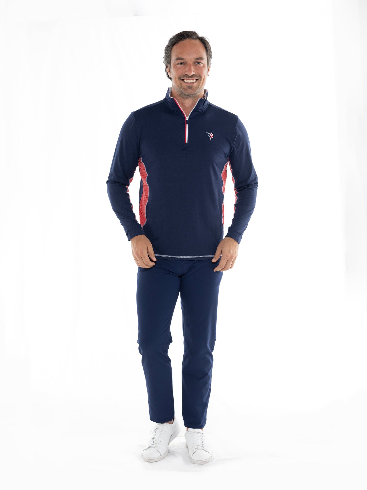 Southport navy long-sleeve pullover with red side panels and white zipper placket on Tampa Home & Garden Store