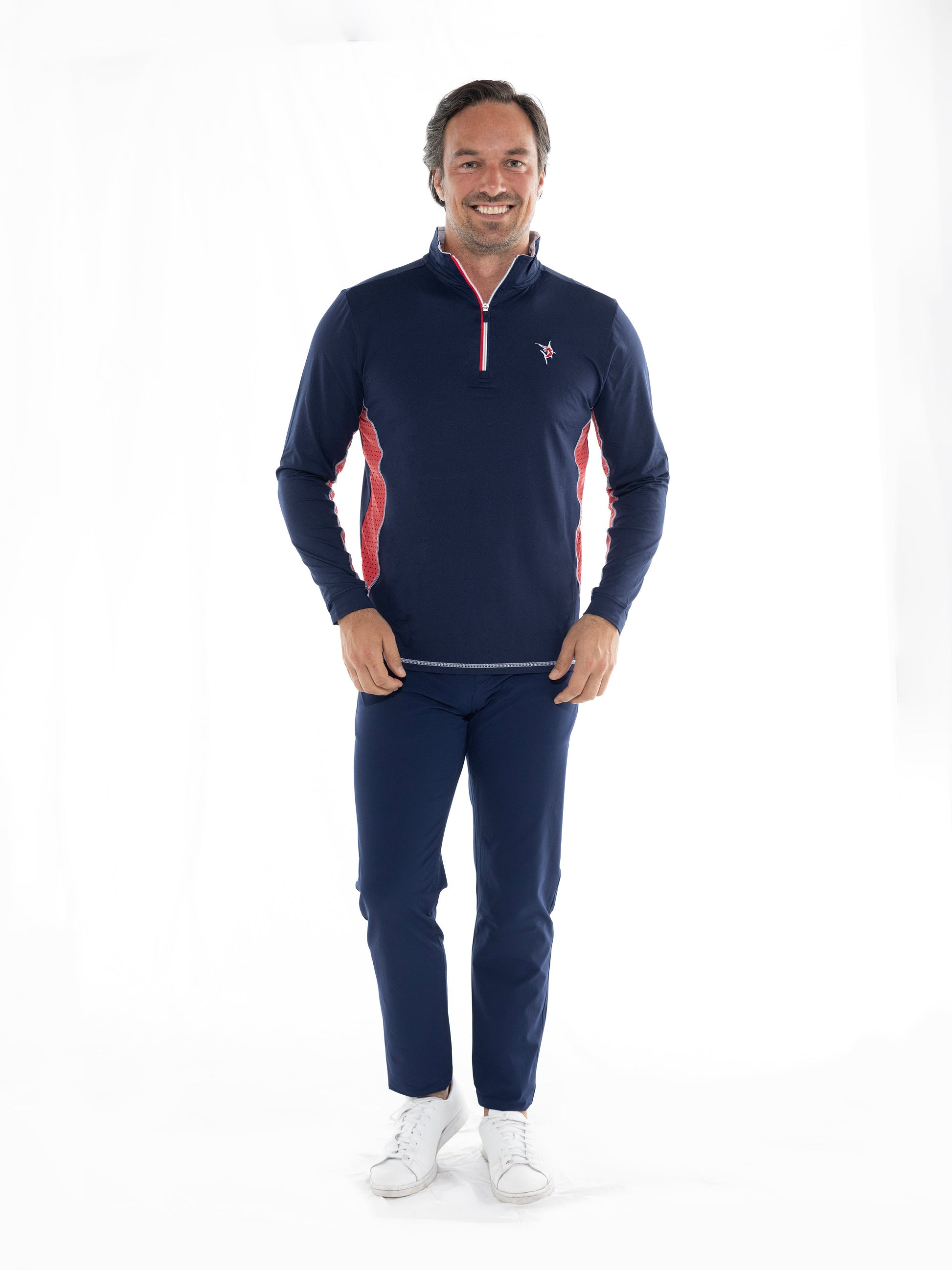 Southport navy long-sleeve pullover with red side panels and white zipper placket on Tampa Home & Garden Store