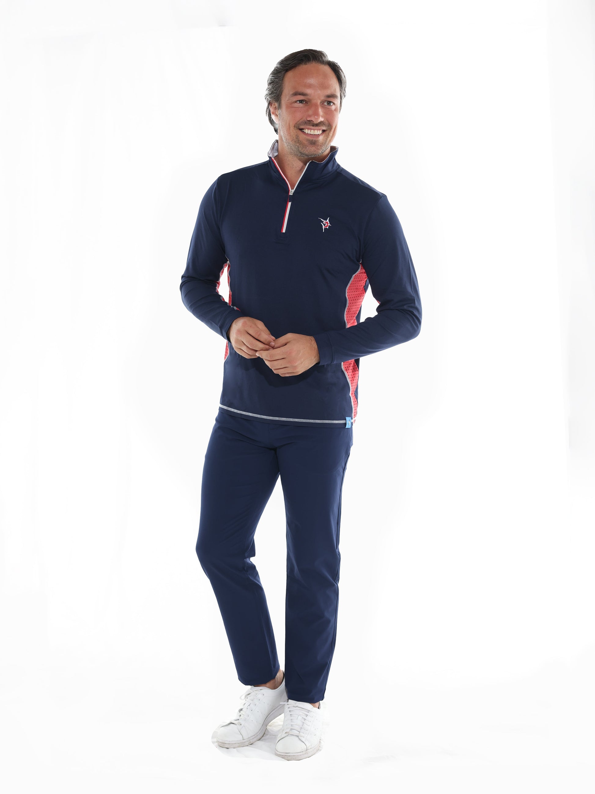 Southport long-sleeve top by White Water Life in navy with red side panels on Tampa Home & Garden Store