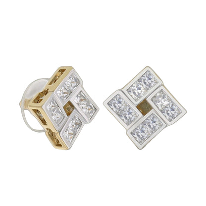 Pave Cz Design Earring pair, gold-tone and silver-tone button earrings with square CZ stones on Tampa Home & Garden Store