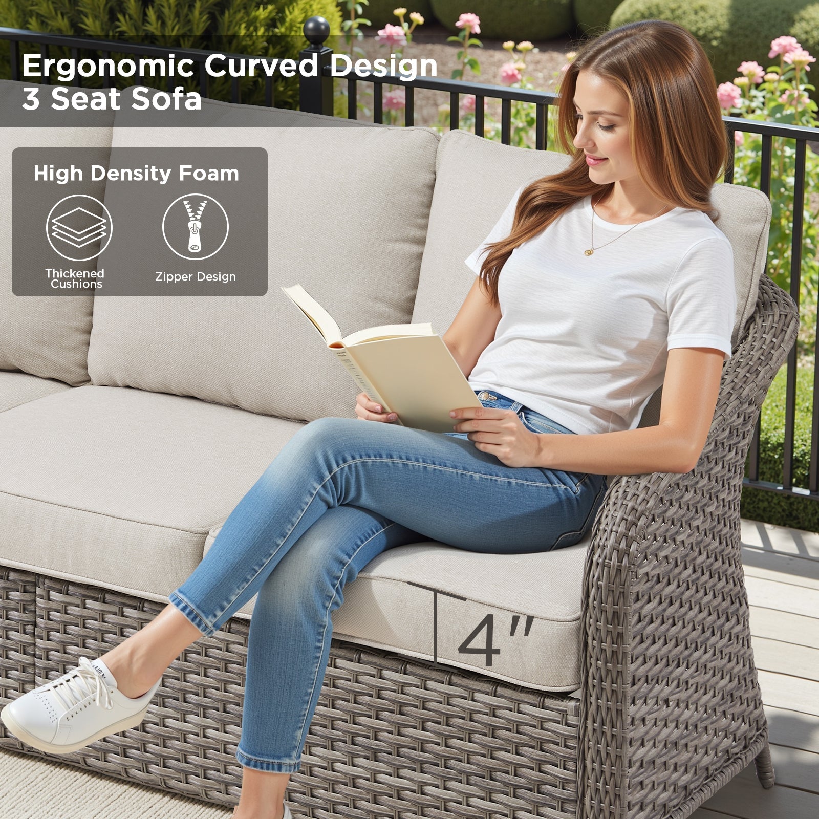 73.6-inch PE wicker rattan outdoor 3-seat sofa with thickened cushions by HouseOfZazla on patio on Tampa Home & Garden Store