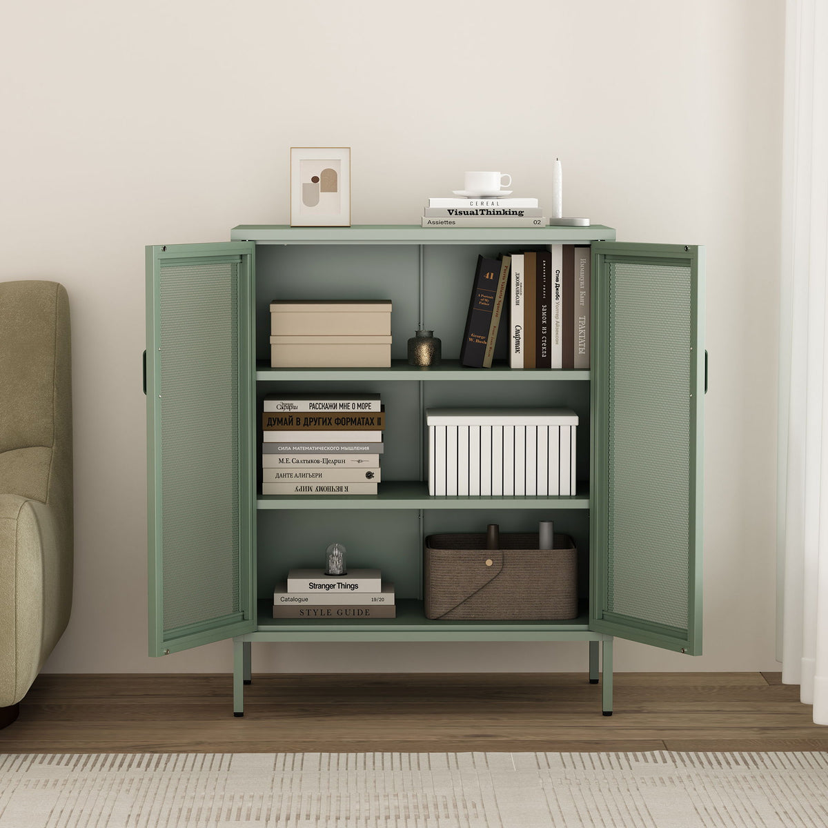 Metal accent cabinet by HouseOfZazla with adjustable shelves in green finish on Tampa Home & Garden Store
