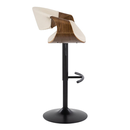 Mid Century Modern adjustable barstool with swivel; wood shell, beige upholstery, black pedestal on Tampa Home & Garden Store