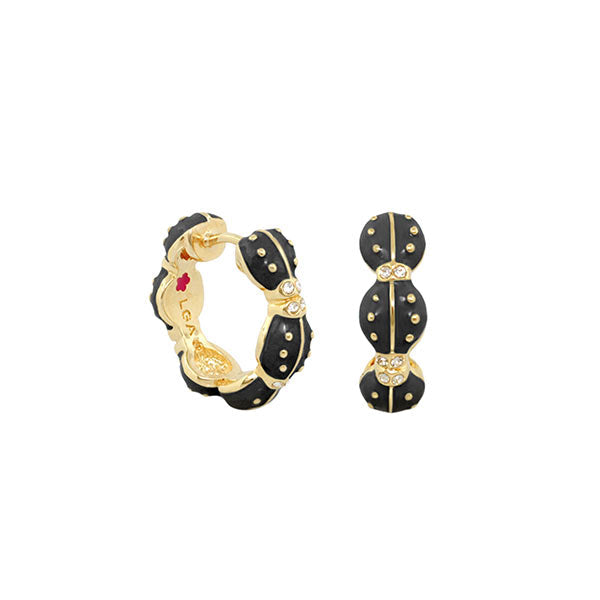 Lady Poof Earrings pair by Lauren G Adams, black enamel hoops with gold accents and crystals on Tampa Home & Garden Store