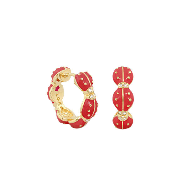 Lady Poof Earrings by Lauren G Adams, red enamel gold-tone hoops with crystals, pair on Tampa Home & Garden Store